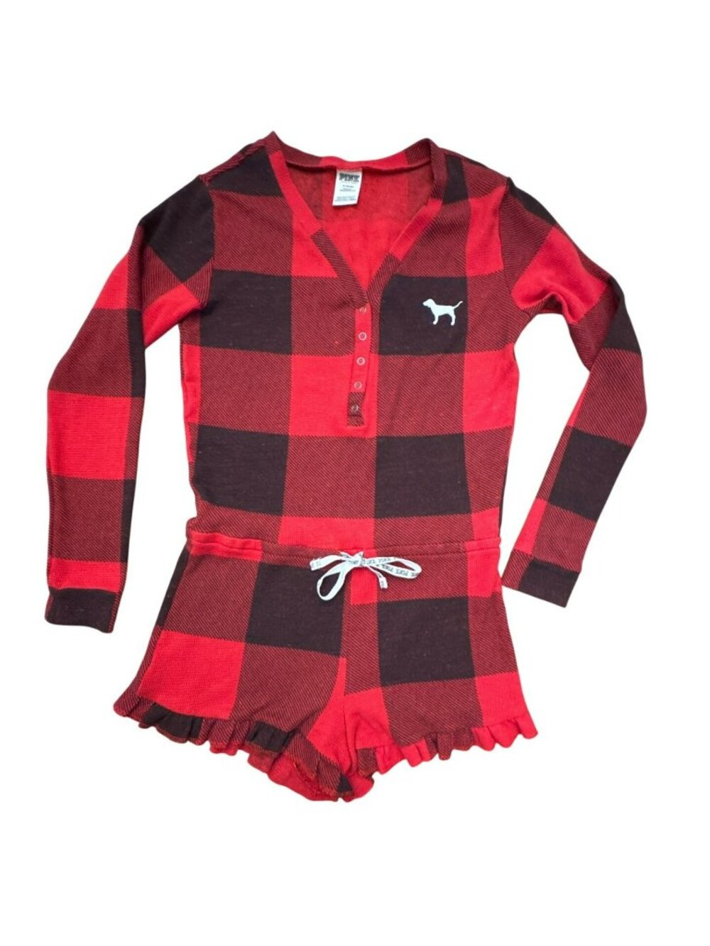 PINK Victorias Secret Red Black Plaid Long Sleeve Romper Medium One-Piece Pajama